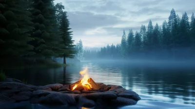 Forest Campfire by the Lake