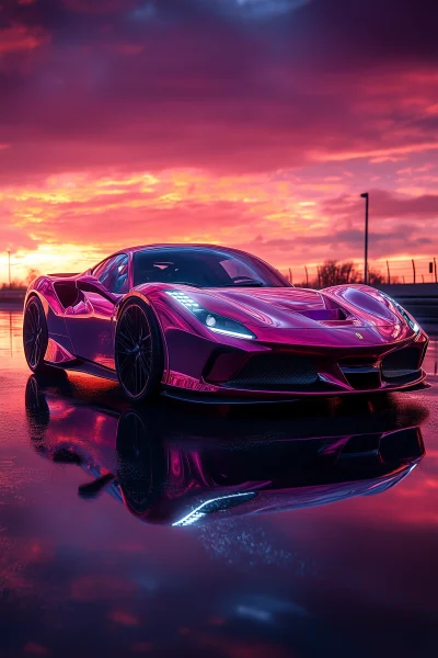 Metallic Blue Ferrari at Sunset