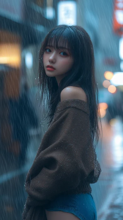 Cute Japanese Girl in Rain