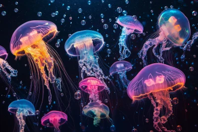 Neon Jellyfish in Deep Sea