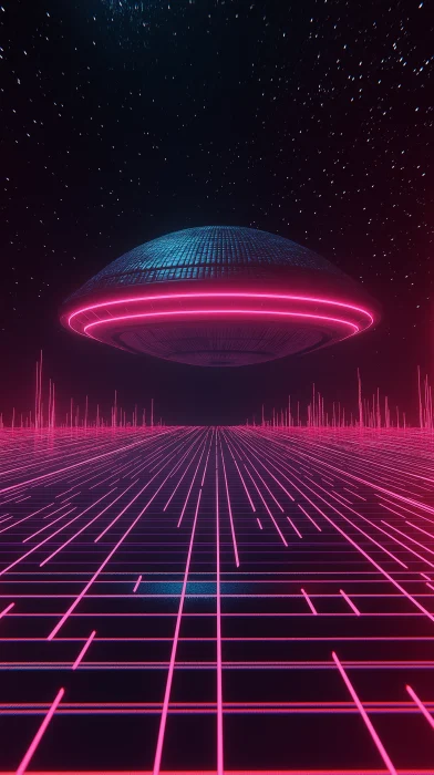 Lenticular UFO Over Neon Grid