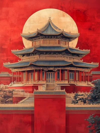 Chinese Architecture Golden Lines on Red Background