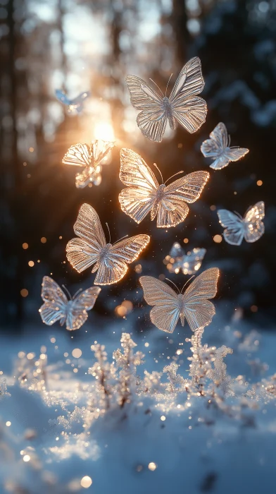 Dreamlike Ice Butterflies in Snowy Forest