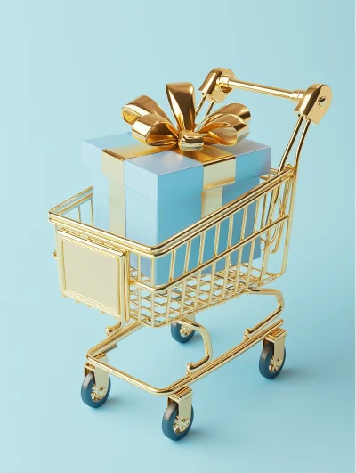 Cute Golden Shopping Cart with Gift Box