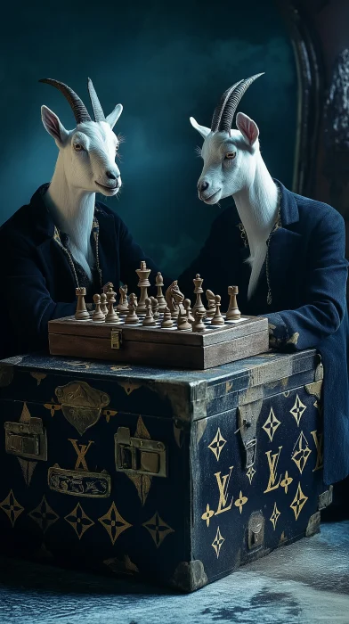 Goats Playing Chess on Louis Vuitton Suitcase