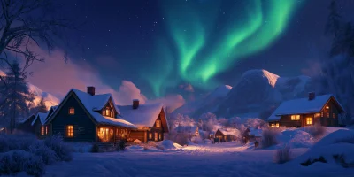 Cozy Northern Village Under Aurora