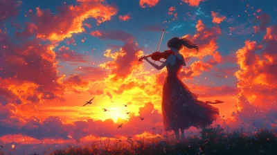 Violin Girl Under Twilight Sky