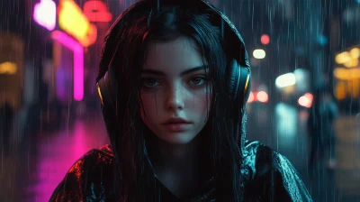 Neon Girl in the Rain