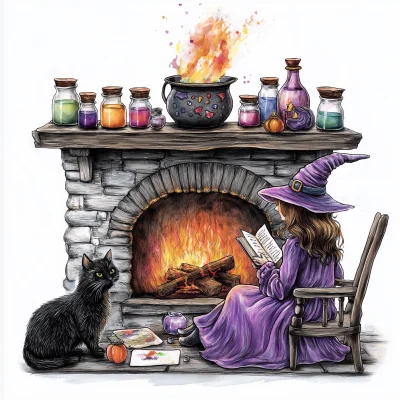 Witch and Hearth Watercolor Clipart Illustration