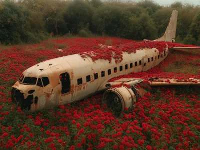 Abandoned Airplane Surrounded by Roses