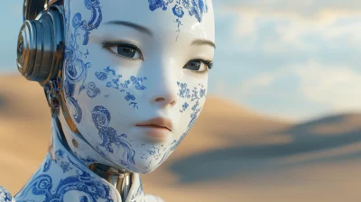 Beautiful Asian Robot in Desert