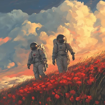 Astronauts in a Floral Sunset