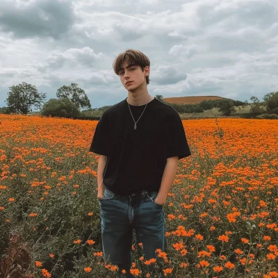 Young man in a flower field