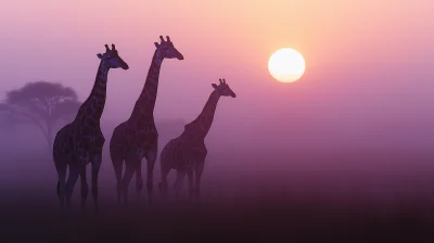 Giraffes in African Savannah at Sunset