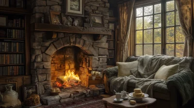 Cozy Cottage with Fireplace and Tea Set