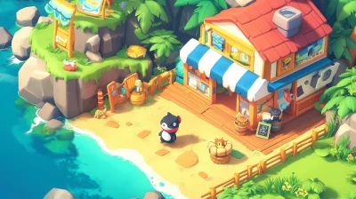 Isometric Beach Town with Cute Animals Coffee Shop