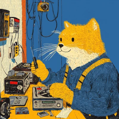 Cartoon Cat Repairing Radio