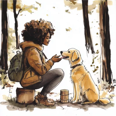 Woman Feeding Dog in Nature