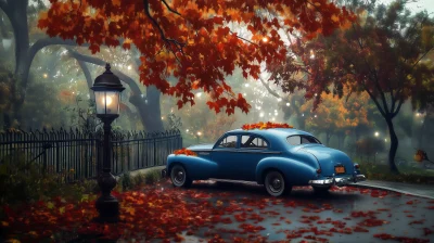 Vintage Car in Autumn Rain