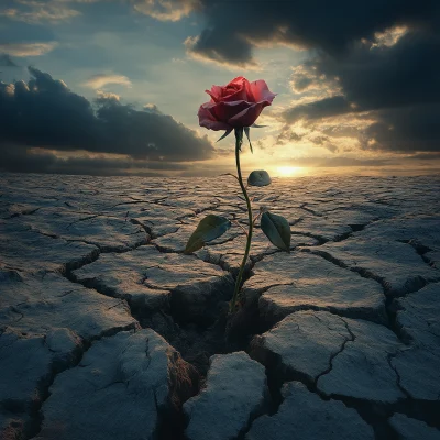 Blooming Rose on Dry Earth