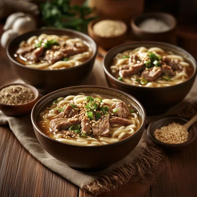 Savory Pork Noodles in Rustic Setting