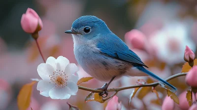 Blue and Violet Bird on White Rose