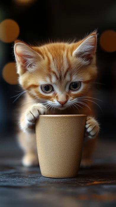 Curious Kitten and Coffee Cup