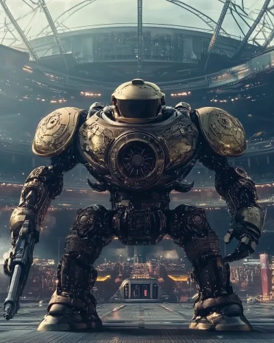 Futuristic Gladiator Robot in Space Colosseum