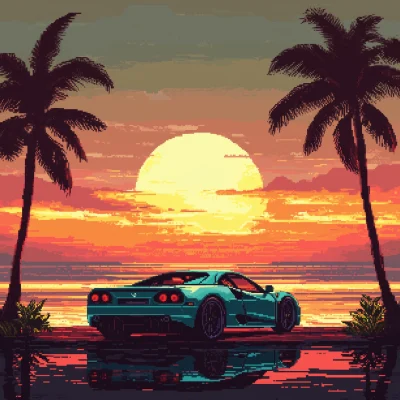 Pixel Art Sunset Car