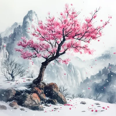 Blossoming Peach Tree on Mountain