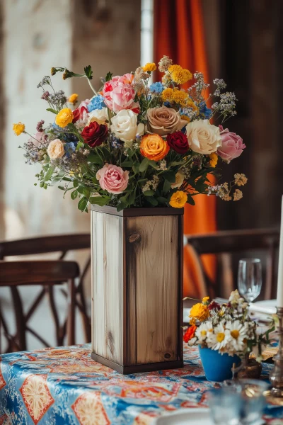 Wooden Box with Flowers on Table