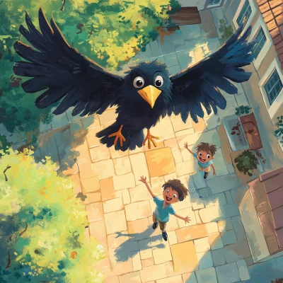 Cute Crow and School Children