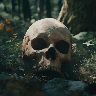 Realistic Human Skull in Forest