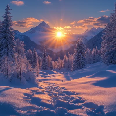 Mountain Sunset in Snow