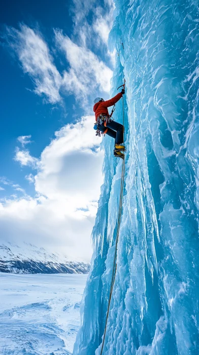 Ice Climber on Vertical Wall