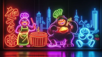 Neon Sign of Mother and King Kong Cooking and Eating Dimsum