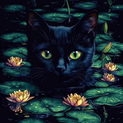 Black Cat with Water Lilies