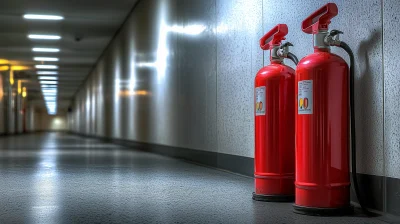 Red Fire Extinguishers in a Hall