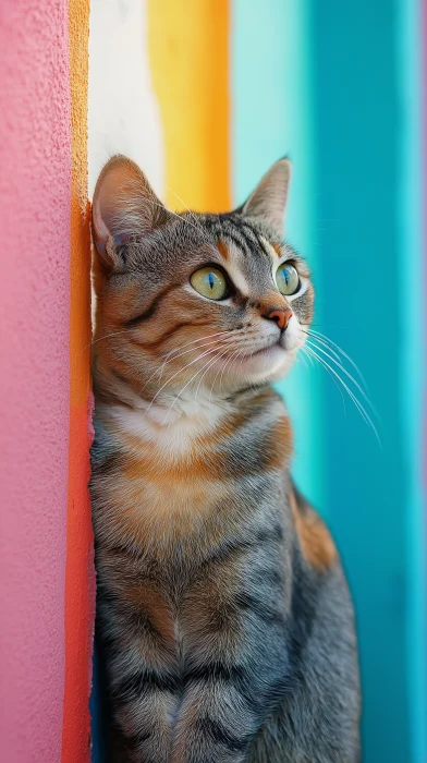 Playful Cat by a Colorful Wall