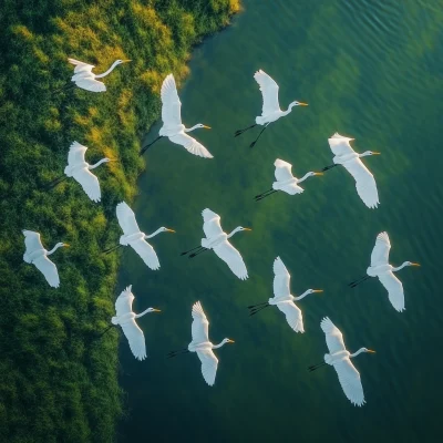 Flock of Herons in Flight