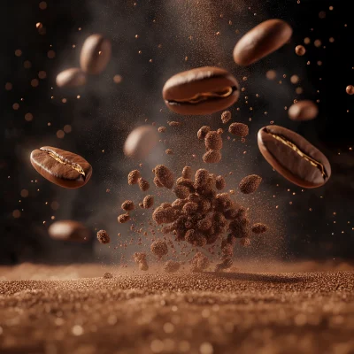 Flying Coffee Beans and Ground Powder