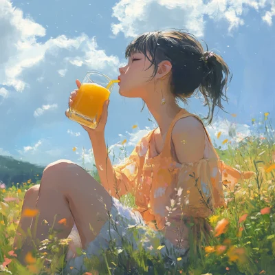 Woman Enjoying Juice in a Meadow