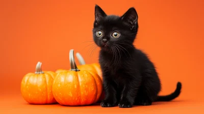 Black Kitten with Pumpkins