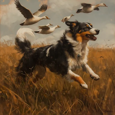 Australian Shepherd Chasing Geese