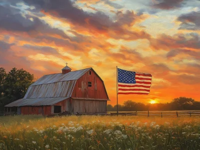 American Flag on Old Barn at Sunset