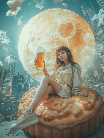 Young Cool Korean Girl on Mooncake in Modern Chinese City