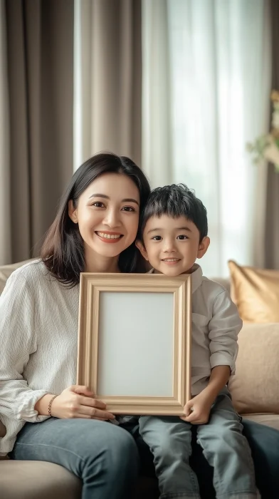 Mother and Son with Empty Photo Frame