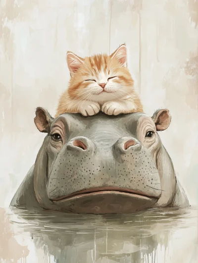 Cute Vintage Cat on Hippo