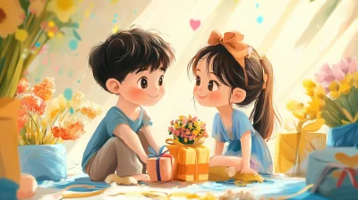 Cute Couple with Gifts and Bouquets Scene