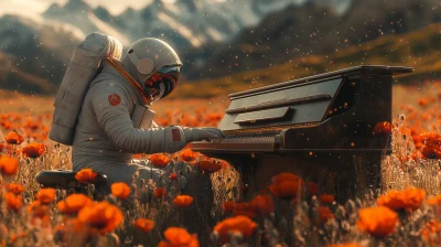 Astronaut Playing Piano in a Field